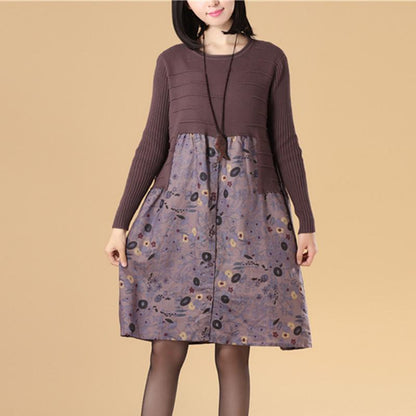 Women Autumn Patchwork Printing Purple Knitted Sweater Dress