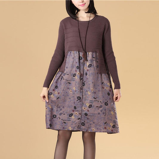 Women Autumn Patchwork Printing Purple Knitted Sweater Dress