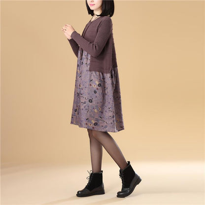 Women Autumn Patchwork Printing Purple Knitted Sweater Dress