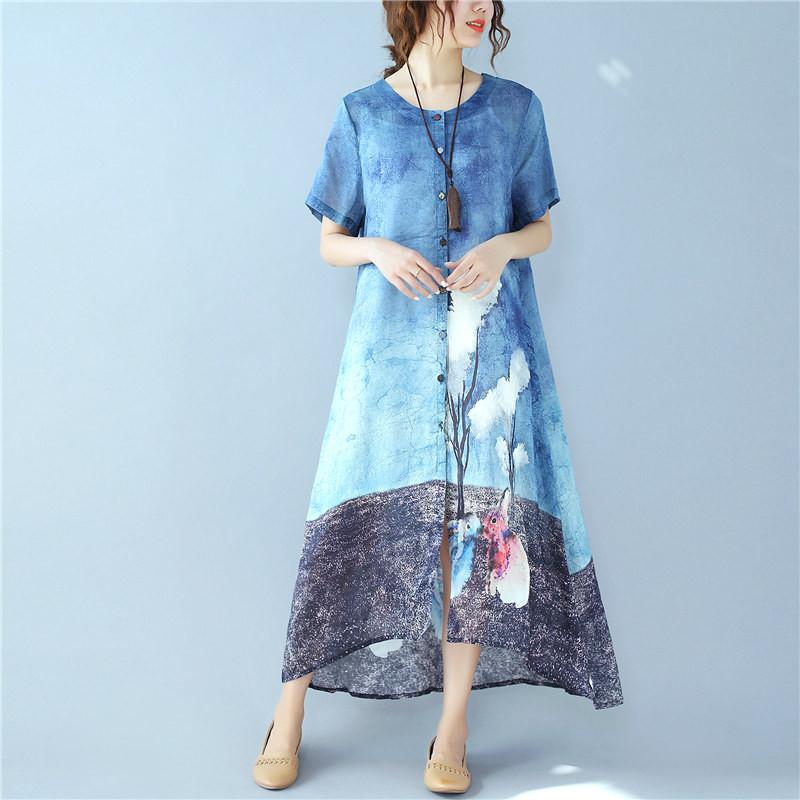 Linen Printing Rabbit Image Short Sleeve Button Loose Summer Dress