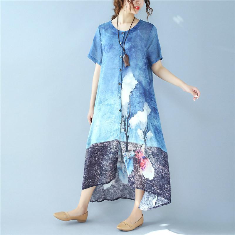 Linen Printing Rabbit Image Short Sleeve Button Loose Summer Dress