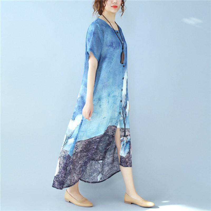 Linen Printing Rabbit Image Short Sleeve Button Loose Summer Dress