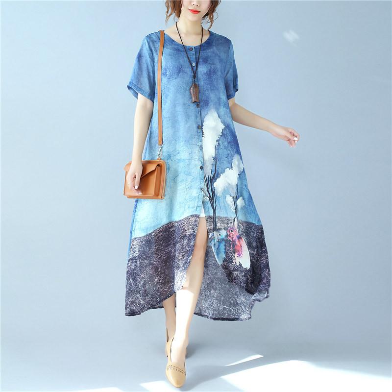 Linen Printing Rabbit Image Short Sleeve Button Loose Summer Dress