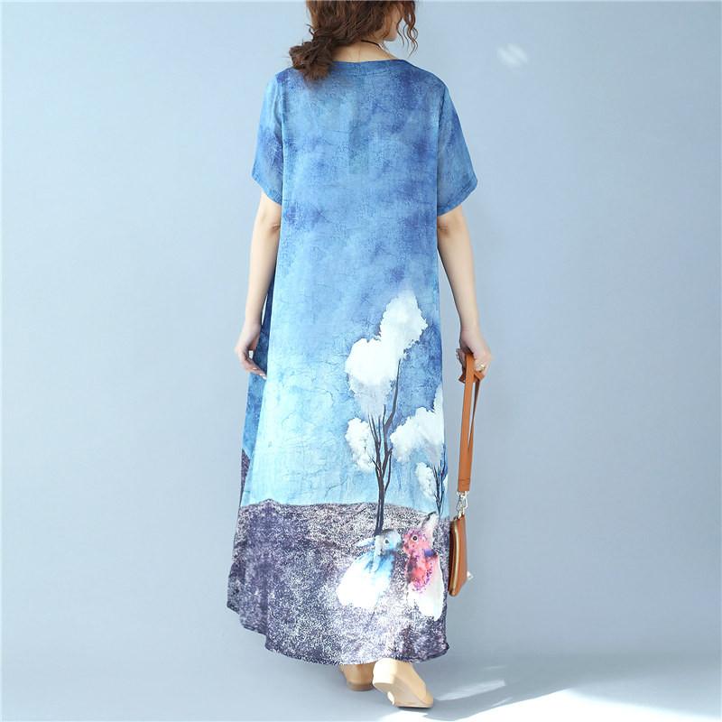 Linen Printing Rabbit Image Short Sleeve Button Loose Summer Dress