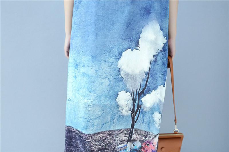 Linen Printing Rabbit Image Short Sleeve Button Loose Summer Dress