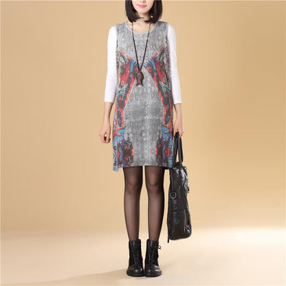 Autumn Women Round Neck Sleeveless Gray Printing Sweater Dress