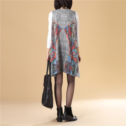 Autumn Women Round Neck Sleeveless Gray Printing Sweater Dress