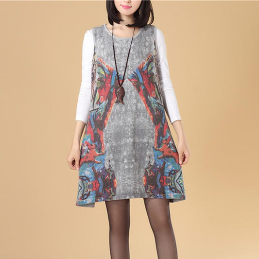 Autumn Women Round Neck Sleeveless Gray Printing Sweater Dress