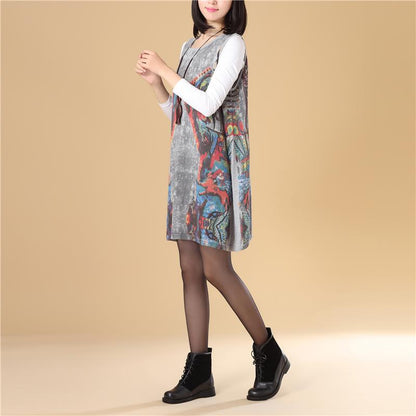 Autumn Women Round Neck Sleeveless Gray Printing Sweater Dress