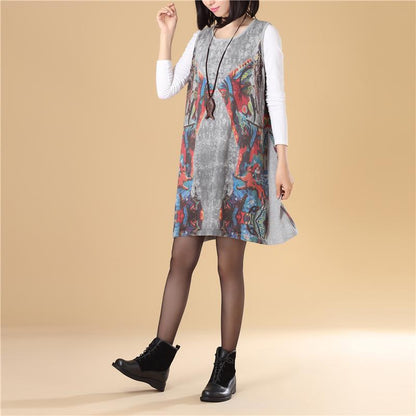 Autumn Women Round Neck Sleeveless Gray Printing Sweater Dress