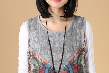 Autumn Women Round Neck Sleeveless Gray Printing Sweater Dress