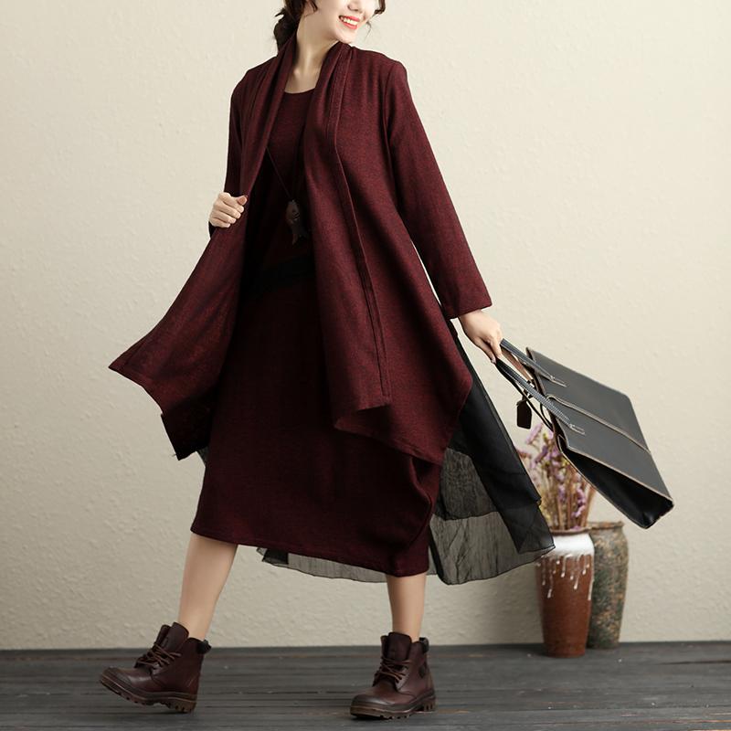 Keep Warm Chic Splicing Literature Winter Wine Red Women Twinset