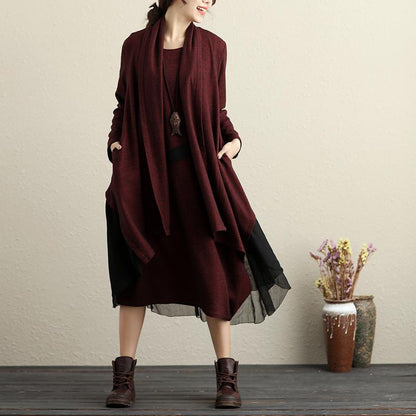 Keep Warm Chic Splicing Literature Winter Wine Red Women Twinset