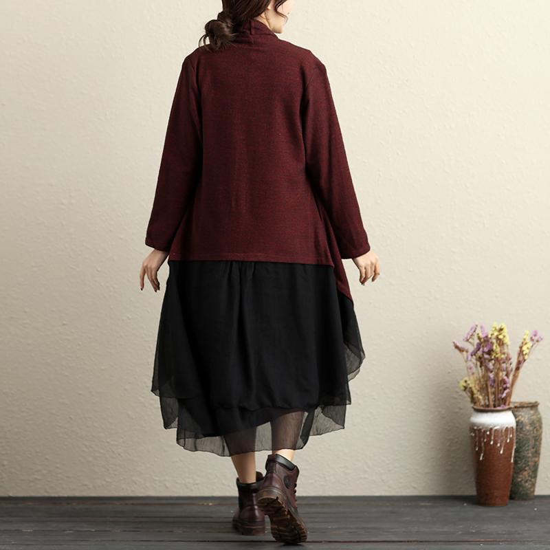 Keep Warm Chic Splicing Literature Winter Wine Red Women Twinset