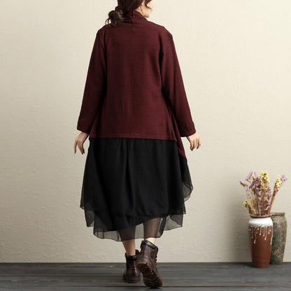 Keep Warm Chic Splicing Literature Winter Wine Red Women Twinset