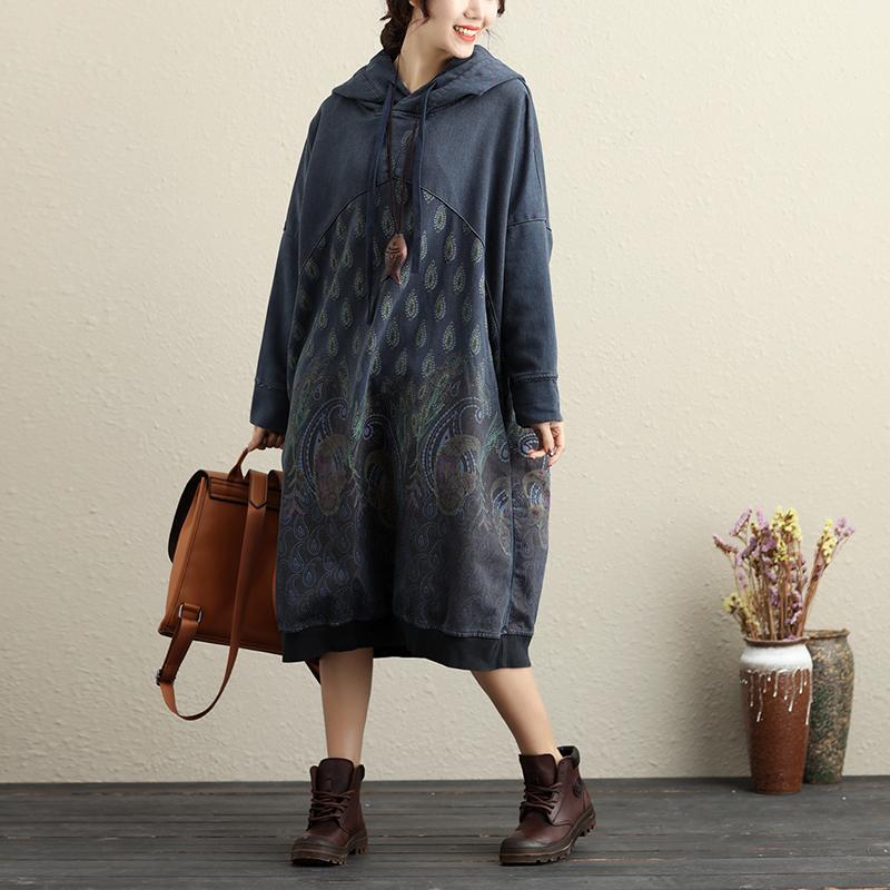Hooded Long Sleeve Ethnic Women Printing Dark Blue Dress