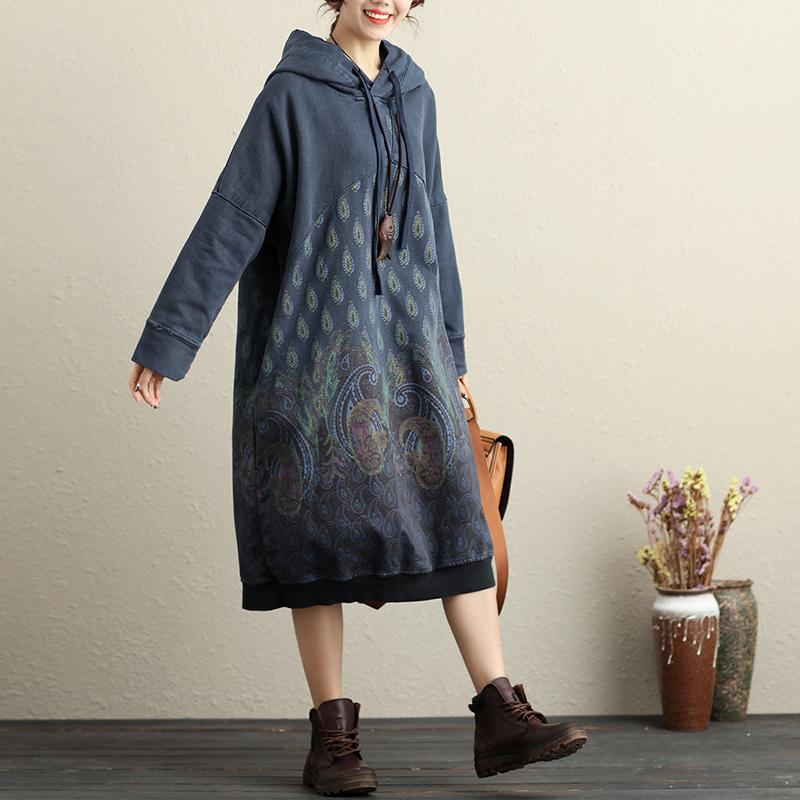 Hooded Long Sleeve Ethnic Women Printing Dark Blue Dress