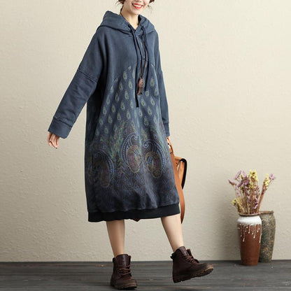 Hooded Long Sleeve Ethnic Women Printing Dark Blue Dress