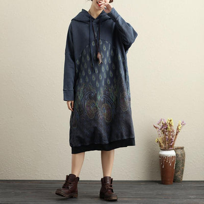 Hooded Long Sleeve Ethnic Women Printing Dark Blue Dress