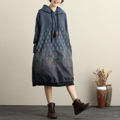 Hooded Long Sleeve Ethnic Women Printing Dark Blue Dress