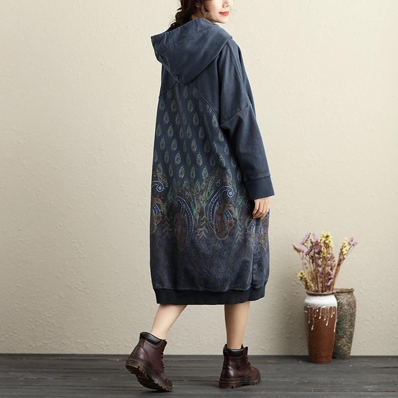 Hooded Long Sleeve Ethnic Women Printing Dark Blue Dress