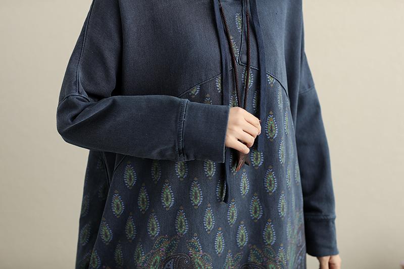 Hooded Long Sleeve Ethnic Women Printing Dark Blue Dress