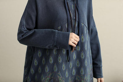 Hooded Long Sleeve Ethnic Women Printing Dark Blue Dress