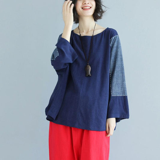 Long Sleeve Splicing Round Neck Loose Blue Tops