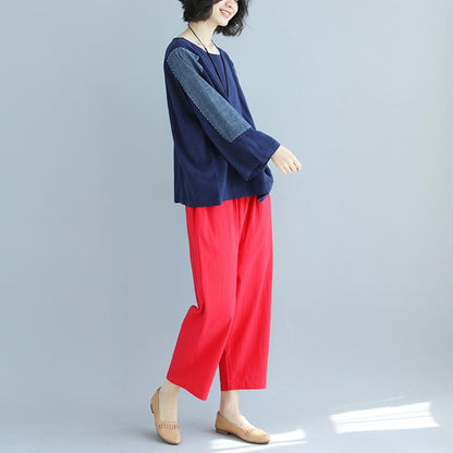 Long Sleeve Splicing Round Neck Loose Blue Tops