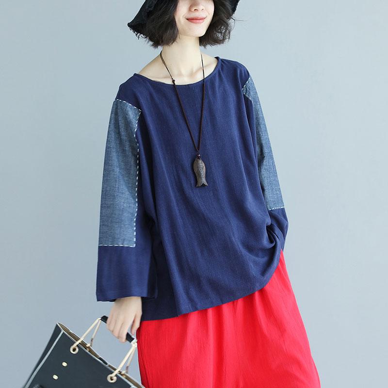Long Sleeve Splicing Round Neck Loose Blue Tops