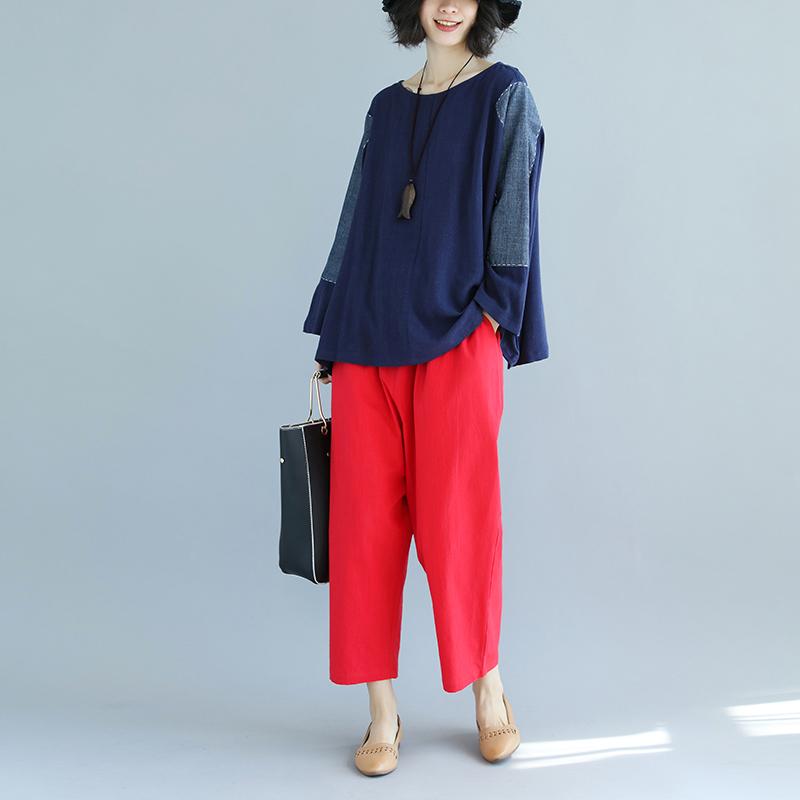 Long Sleeve Splicing Round Neck Loose Blue Tops