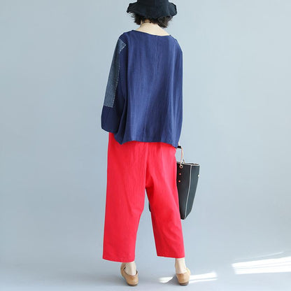 Long Sleeve Splicing Round Neck Loose Blue Tops