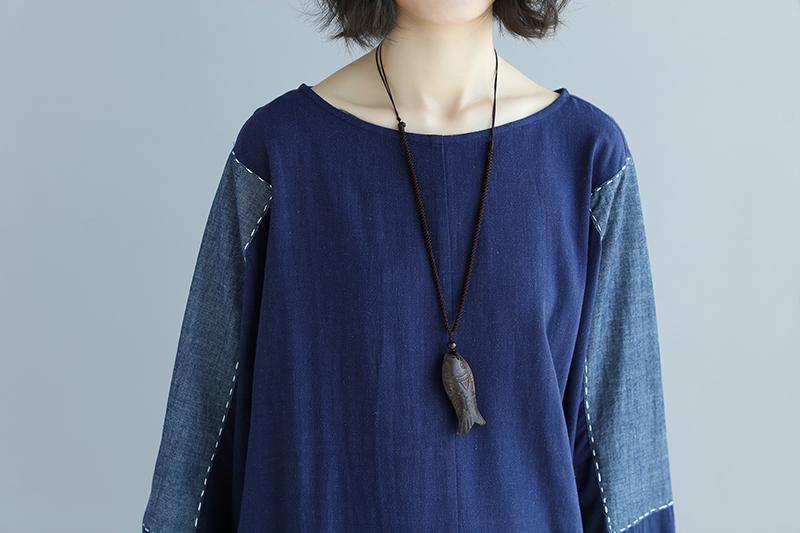 Long Sleeve Splicing Round Neck Loose Blue Tops