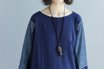 Long Sleeve Splicing Round Neck Loose Blue Tops