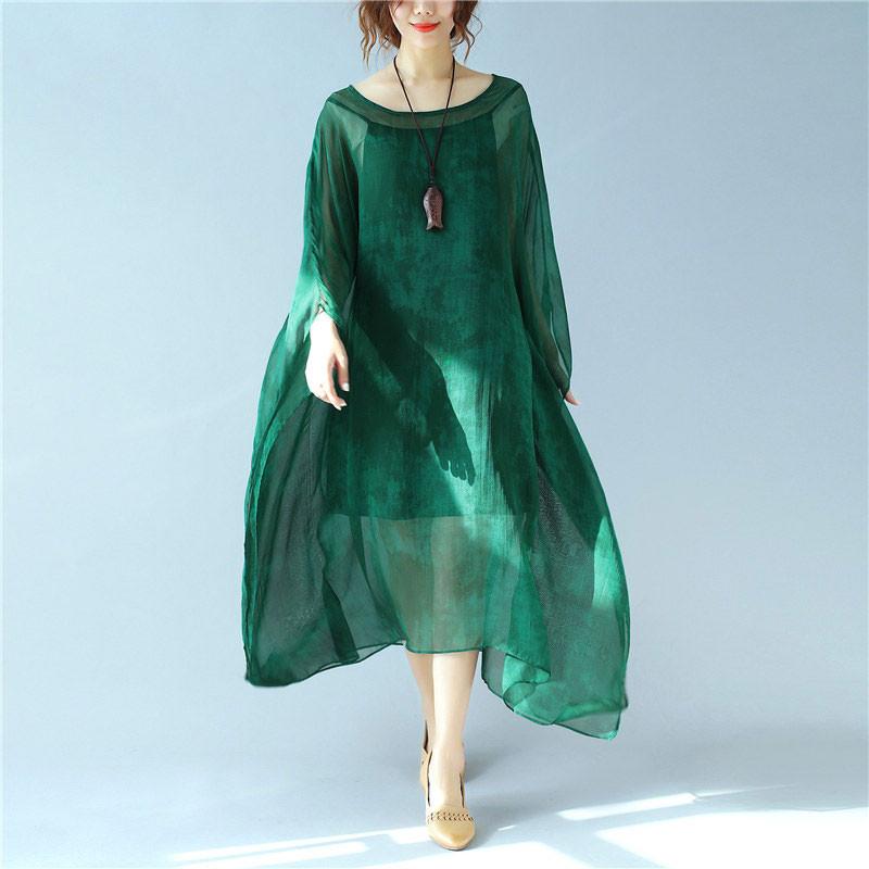 Dyeing Women Loose Casual Summer Silk Thin Green Dress