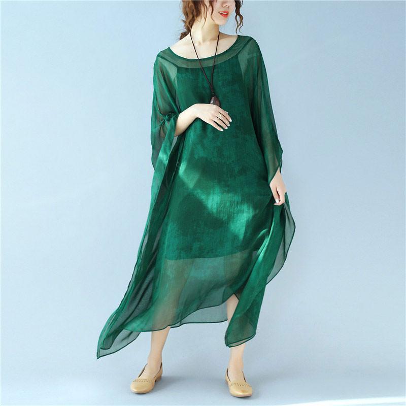 Dyeing Women Loose Casual Summer Silk Thin Green Dress