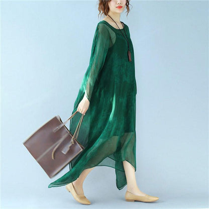 Dyeing Women Loose Casual Summer Silk Thin Green Dress