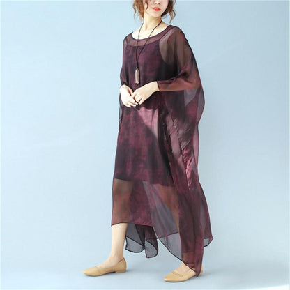 Dyeing Women Loose Casual Summer  Thin Wine Red Dress
