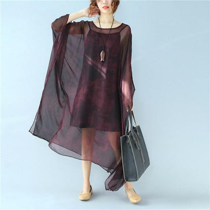 Dyeing Women Loose Casual Summer  Thin Wine Red Dress