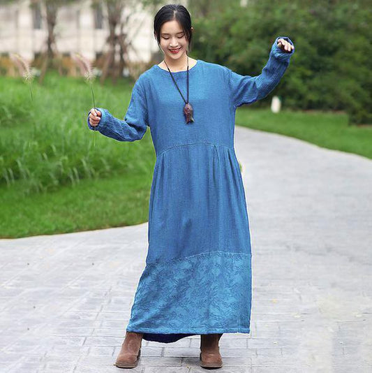 Retro Long Sleeve Pleated Splicing Blue Dress