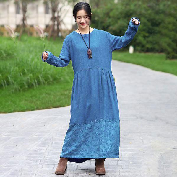 Retro Long Sleeve Pockets Pleated Splicing Blue Dress
