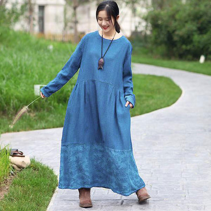 Retro Long Sleeve Pockets Pleated Splicing Blue Dress