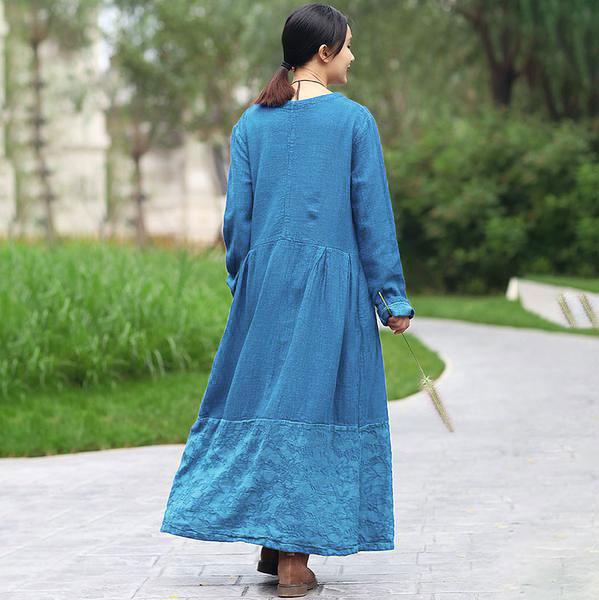 Retro Long Sleeve Pockets Pleated Splicing Blue Dress