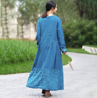 Retro Long Sleeve Pockets Pleated Splicing Blue Dress