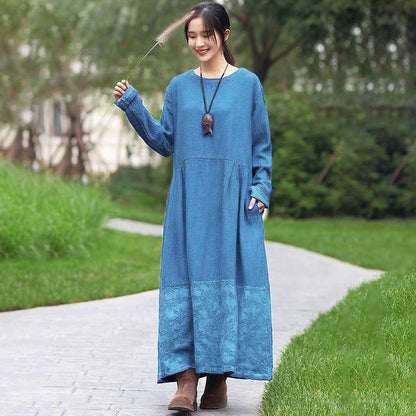 Retro Long Sleeve Pockets Pleated Splicing Blue Dress