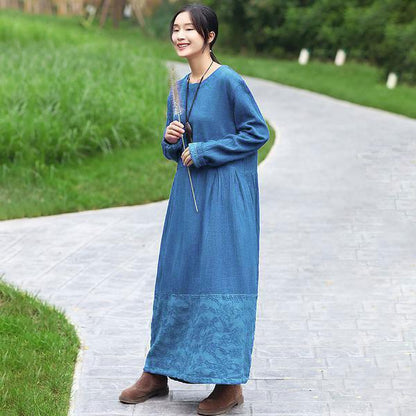 Retro Long Sleeve Pockets Pleated Splicing Blue Dress