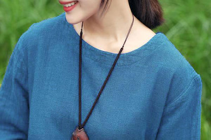 Retro Long Sleeve Pockets Pleated Splicing Blue Dress
