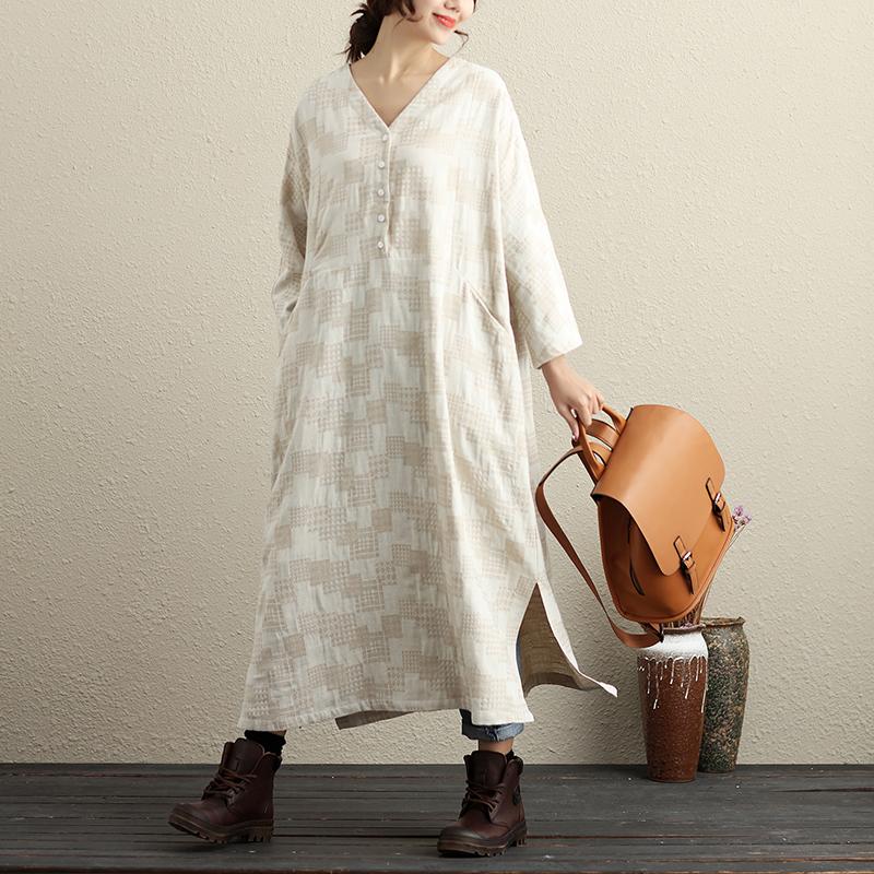 V Neck Long Sleeves Cotton Linen Casual Women Beige Dress
