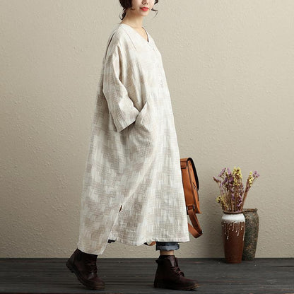 V Neck Long Sleeves Cotton Linen Casual Women Beige Dress