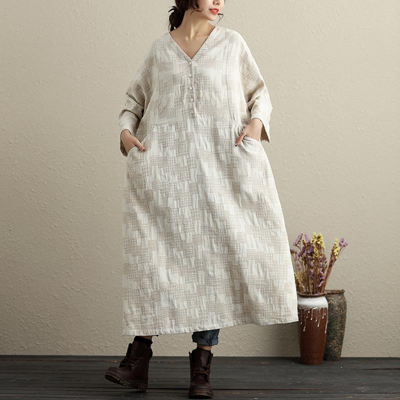 V Neck Long Sleeves Cotton Linen Casual Women Beige Dress